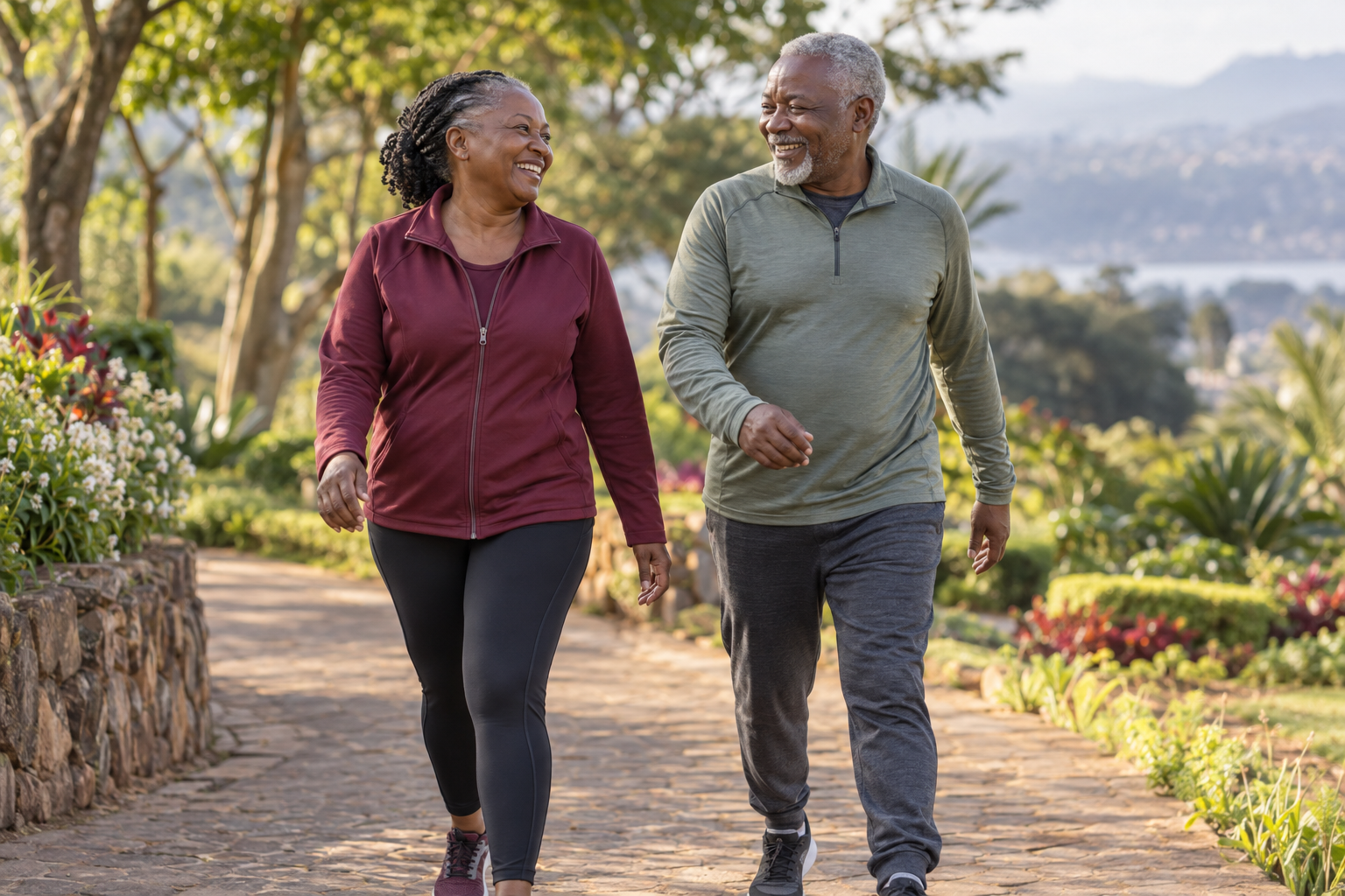 A happy older African couple in sportswear walking together in a park